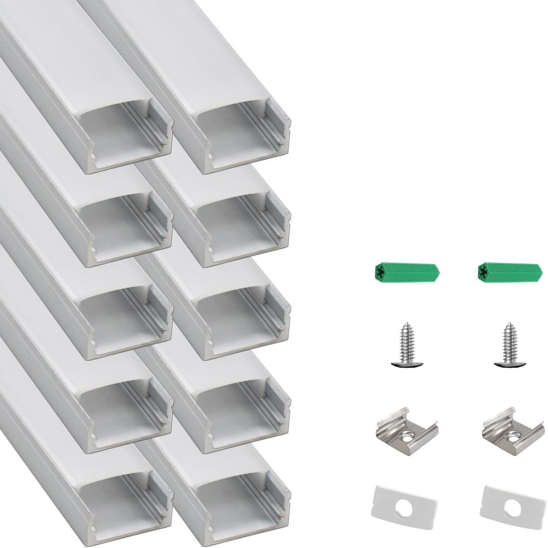 10-Pack 3.3ft/1M U-Shape LED Aluminum Channel System, Silver Profile with Milky White Diffuser Cover, Spotless LED Strip Light Track for Under Cabinet, Stairs, Wall and Ceiling Lighting