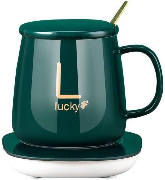 Lucky Smart Mug - Self Heating Coffee Mug with Charging Coaster 131°F/55°C, Royal Green 14 oz. with Lid and Spoon - Electric Beverage Warmer for Coffee, Milk, Tea, Hot Chocolate, Home & Office Use