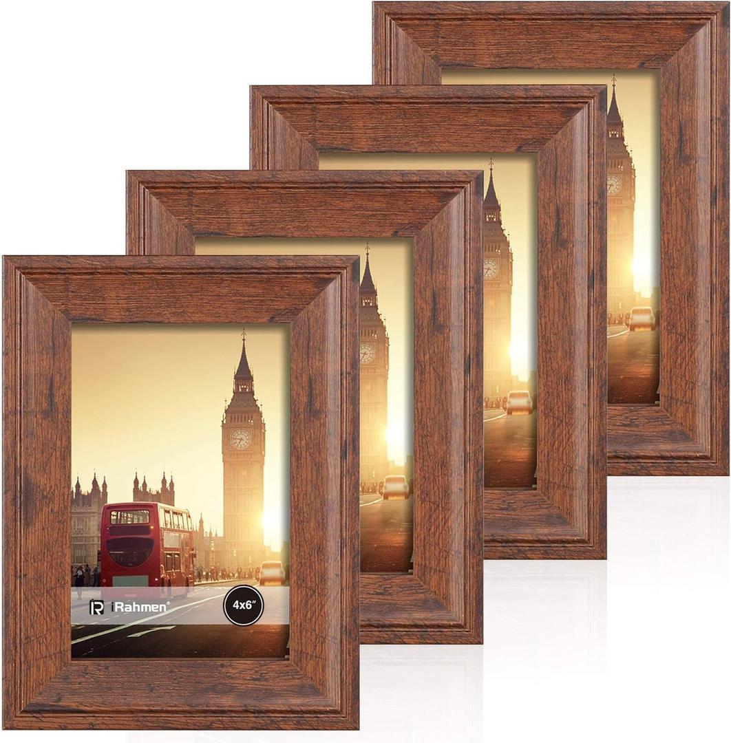 iRahmen 4x6 Picture Frame Set of 4, Brown Rustic Retro Photo Frame with Real Glass, Wood Farmhouse Style 4 x 6 Frames for Wall Mount and Tabletop Display
