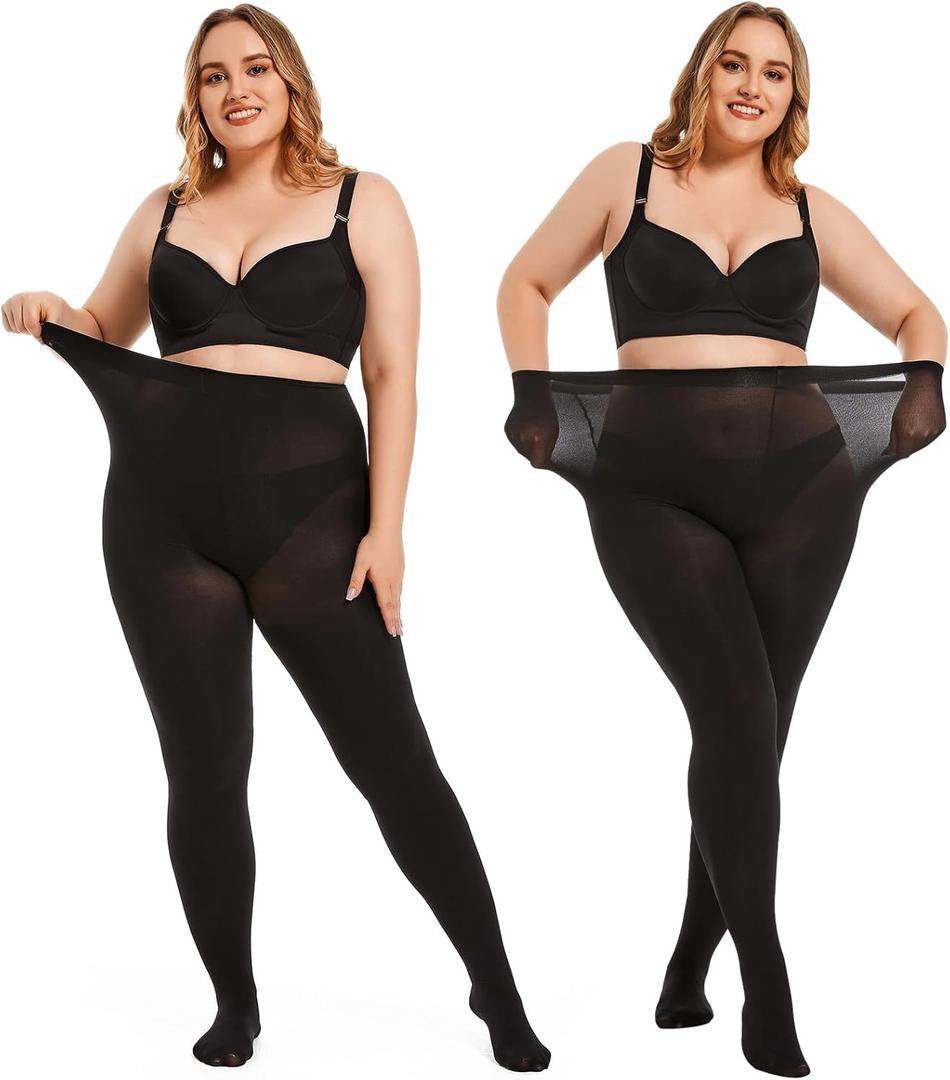 Plus Size Tights for Women 80D Soft Solid Color Opaque Pantyhose High Waist Control Top Stockings 2 Pairs (XX-Large, Black)