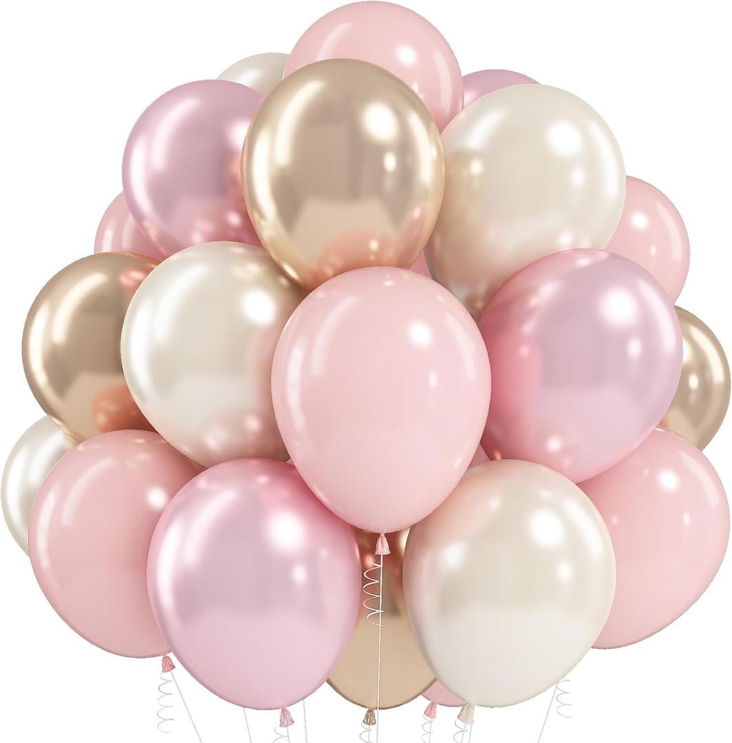White Pink Gold Balloons Set, 12 Inch Double Stuffed Pearl White Sand Blush Pale Light Pink Apricot Champagne Gold Helium Balloon for Fairy Birthday Wedding Easter Baby Bridal Shower Party Decorations