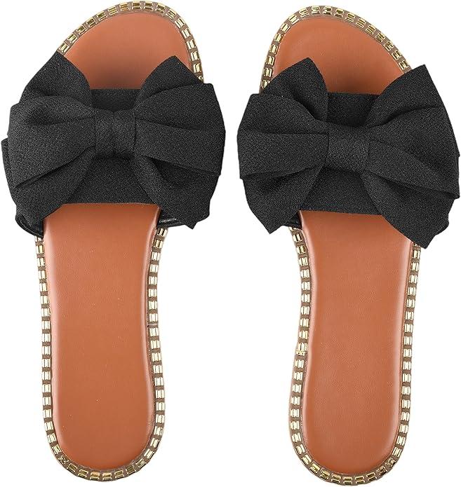 Women's Bow Flat Casual Sandals Summer Comfortable Non-slip Slides Slip On Open Toe Sandals Indoor Outdoor Slippers Shoes, 40