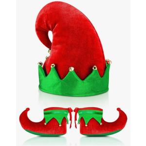 SATINIOR Christmas Santa Elf Shoes and Hat Christmas Red and Green Costume Accessory Set 11inch