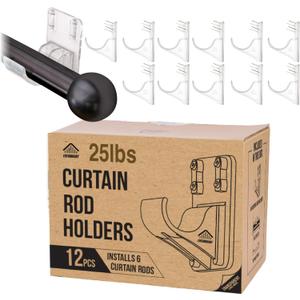 12pcs Heavy Duty Curtain Rod Holders with Wide Hook, 5X Stronger Than Adhesive Curtain Rod Hooks, 25 LBS Tension Curtain Rod Bracket for Wall with Level and Pin Guide, Minimal Damage Curtain