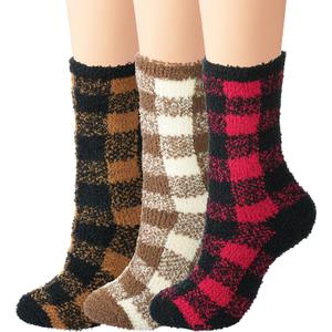 BomKinta Fuzzy Socks Women - Winter House Slipper Sock - Cozy Thick Warm Sleeping Gifts for Women Size 5-10 (3 Pairs Checkered Red Khaki Yellow)