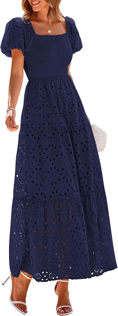 PRETTYGARDEN Summer Dresses for Women 2025 Eyelet Square Neck Puff Sleeve Smocked Wedding Guest Maxi Dress with Pockets (Navy)