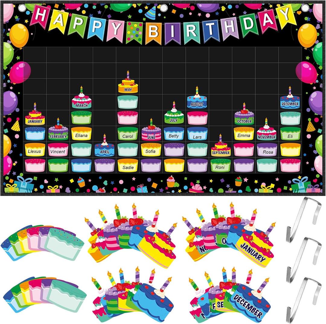 Pasimy Happy Birthday Pocket Chart Classroom Reusable Birthday Calendar Wall Hanging Chart with 144 Dry Erase Cards and 3 Hooks for School Classroom Bulletin Board Decor