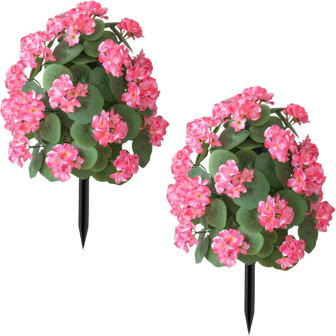 2Pcs 20" Artificial Boxwood Topiary Ball with Flowers Plants with Ground Spikes for Outdoor UV Resistant Realistic Fake Bushes Plants for Garden Yard Front Porch Patio Decor (Begonia Peach red)