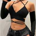 SHENHE Women's Criss Cross Strappy Wrap Crop Top Long Sleeve Halter Sexy Going Out Tshirt (Black, L)