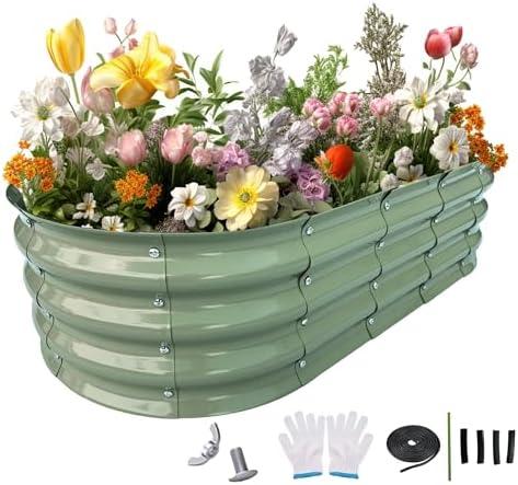 Pavlushka Raised Garden Bed 4x2x1ft Large Galvanized Raised Garden Beds Kit 1Pack Outdoor Mint Green Planter Box with Rubber Stripe and Safety Gloves for Vegetables, Fruits, Flowers