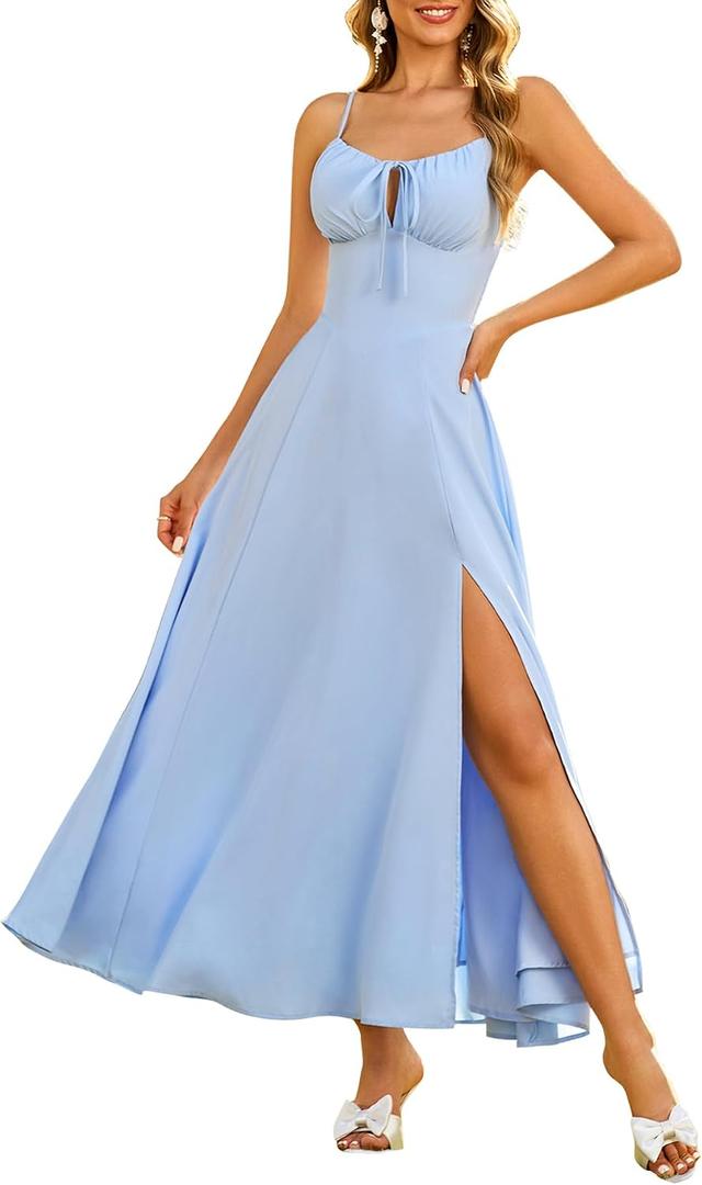 Parthea Womens Spaghetti Straps Corset Dress Boho Flowy Slit Square Neck Casual Midi Dresses (S)
