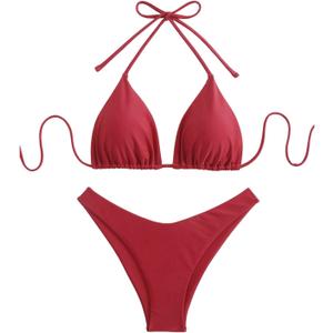 GORGLITTER Women's High Waisted Thong Bikini Set Halter Triangle Tie Back Swimsuit Bathing Suit (Red, S)