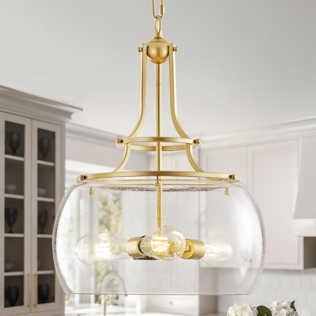 Industrial Round Chandelier Rustic Ceiling Light Fixture 3-Light Farmhouse Pendant Light with Seeded Glass Shade for Dining Room Hallway Entryway Kitchen Bedroom, Gold (3-Light, 60.2 in)