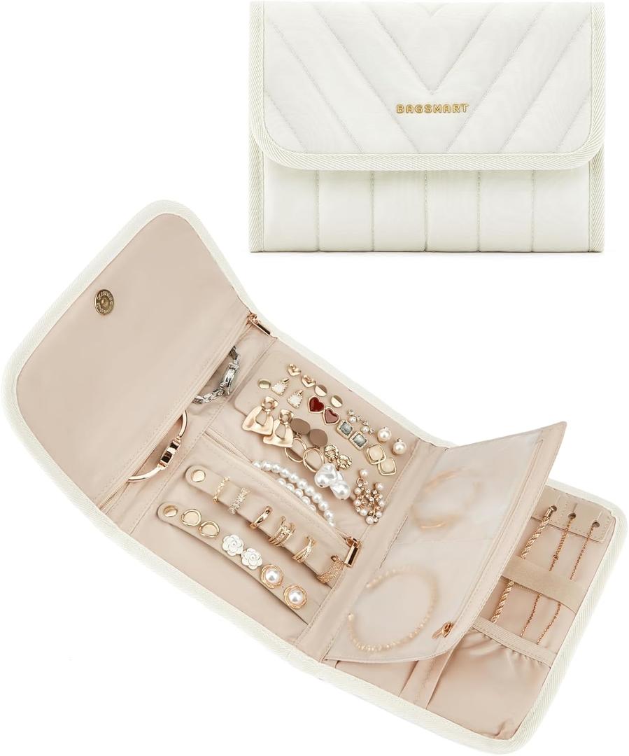 BAGSMART Travel Jewelry Organizer Case Foldable Jewelry Roll for Journey Rings, Necklaces, Earrings, Bracelets,Mini, Beige