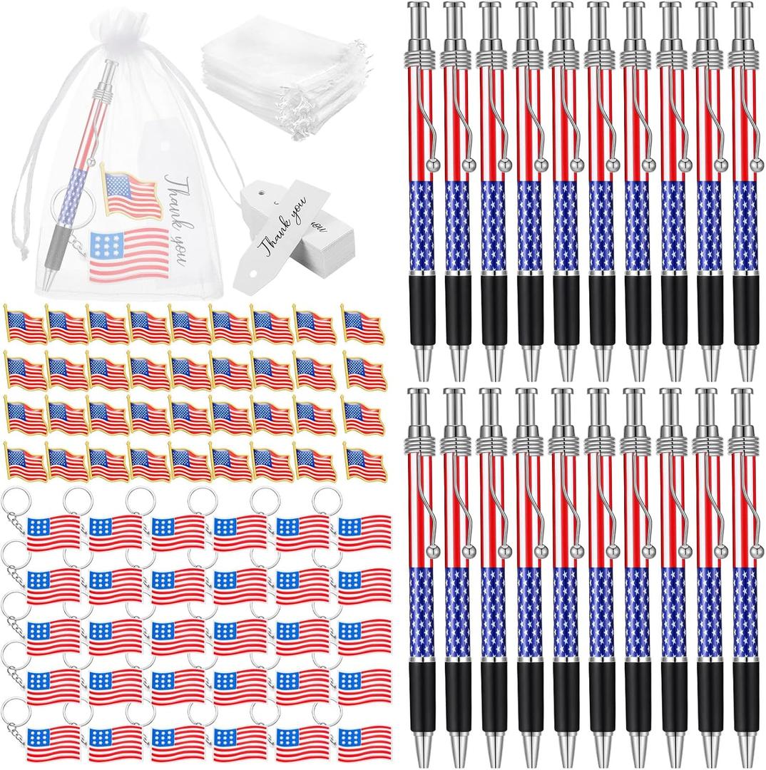 Qilery 250 Pcs Veterans Day Style American Flag Lapel Pins Ballpoint Pen Independence Day Flag Keychains Thank You Card Organza Gift Bag for Home School Office 4th of July Party Supplies