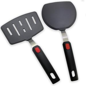 Silicone Spatula Turner Set of 2, Heat Resistant Pancake Spatulas for Nonstick Cookware Pan, Wide Slotted Cooking Spatula for Omelette Egg Fish, Thin Flexible for Kitchen Use, Dishwasher Safe, Black