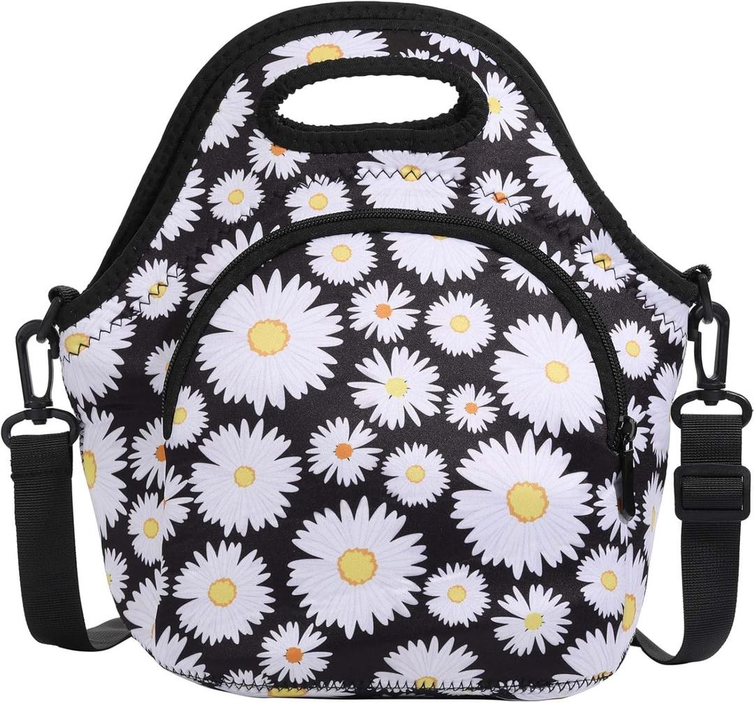 CILLA Neoprene Lunch Bag for Women Insulated Lunch Tote Bags Washable Lunch Container Box Picnic Lightweight Meal Prep Bags(White daisy+)