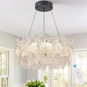 Flower LED Crystal Chandelier 20'' Modern Black Flush Mount Dimmable Chandelier Light Fixture with Remote Control for Dining Room Entryway Kitchen Bedroom(3000K-6500K)