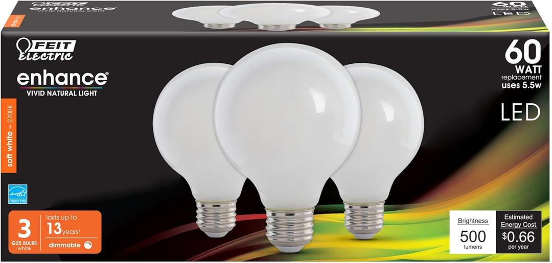 Feit Electric 60-Watt Equivalent G25 Dimmable Filament LED Energy Star 90+ CRI White Glass Light Bulb, Soft White (3-Pac Feit Electric 60-Watt Equivalent G25 Dimmable Filament LED Energy Star 90+ CRI White Glass Light Bulb, Soft White (3-Pac