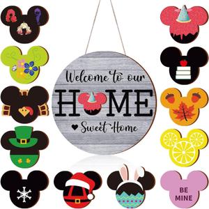 13 Pcs Spring Welcome Sign for Front Door Interchangeable,Mouse Wreaths Rustic Wood Hanging Signs Welcome to Our Home Door Sign Hangers Decor for Housewarming Gifts Outdoor Porch (Grey)