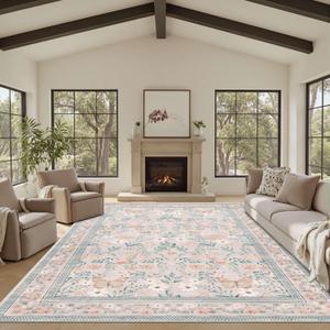 Rugxara 8x10 Pink Rugs for Bedroom Girls, Floral Washable Rug,Boho Area Rug, Large Non Slip Low Pile Flower Carpet for Indoor Dining Room,Girls Room,Nursery Room and Kids Room(Pink 8x10ft)