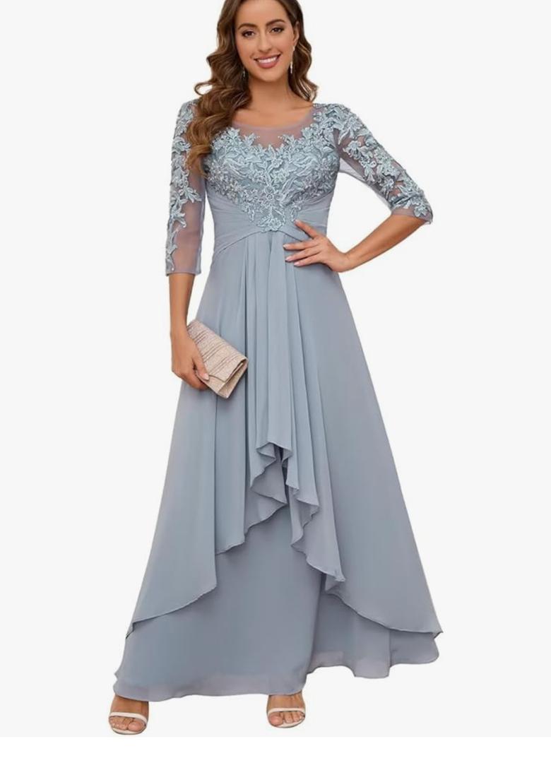 Mother of The Bride Dresses with Sleeves Long Chiffon Lace Appliques Formal Evening Dresses for Wedding, L/XL, Charcoal Gray 