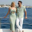 PATPAT Couples Matching Outfits Bodycon Dress & Button-Down Shirt | Matching Cruise Outfits for Couples, Beach Vacation Outfits, Tie Front Cutout Slit Bodycon Sundress, Linen Men's Shirt (Green, XL)