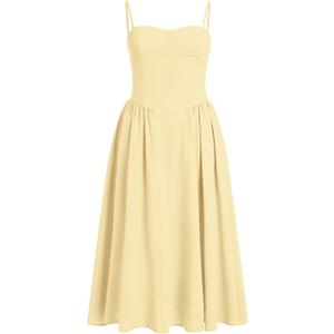 ABEHIK Women Floral Corset Dress Boho Spaghetti Strap Lace Up Casual Midi Dresses with Pockets Low Cut Flowy Bustier Sundress Yellow Medium