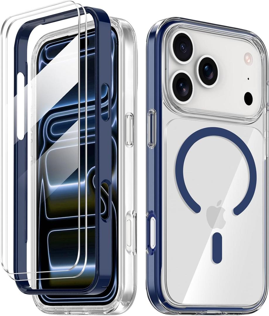 COOLQO for iPhone 17 Pro Max Case with Screen Protectors, Compatible with MagSafe, Military Grade Drop 17 FT Protection, Dual-Layer Classic Hybrid Magnetic Phone Case Cover Bumper, Blue (17ProMax_6.9")