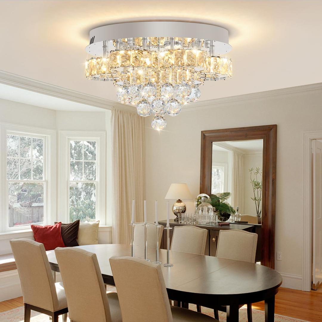 Flashing God Dia 16in Modern LED Crystal Chandelier,Flush Mount Ceiling Light Fixture with K9 Crystals,Small Chandelier for Bedroom Dining Hallway Lighting