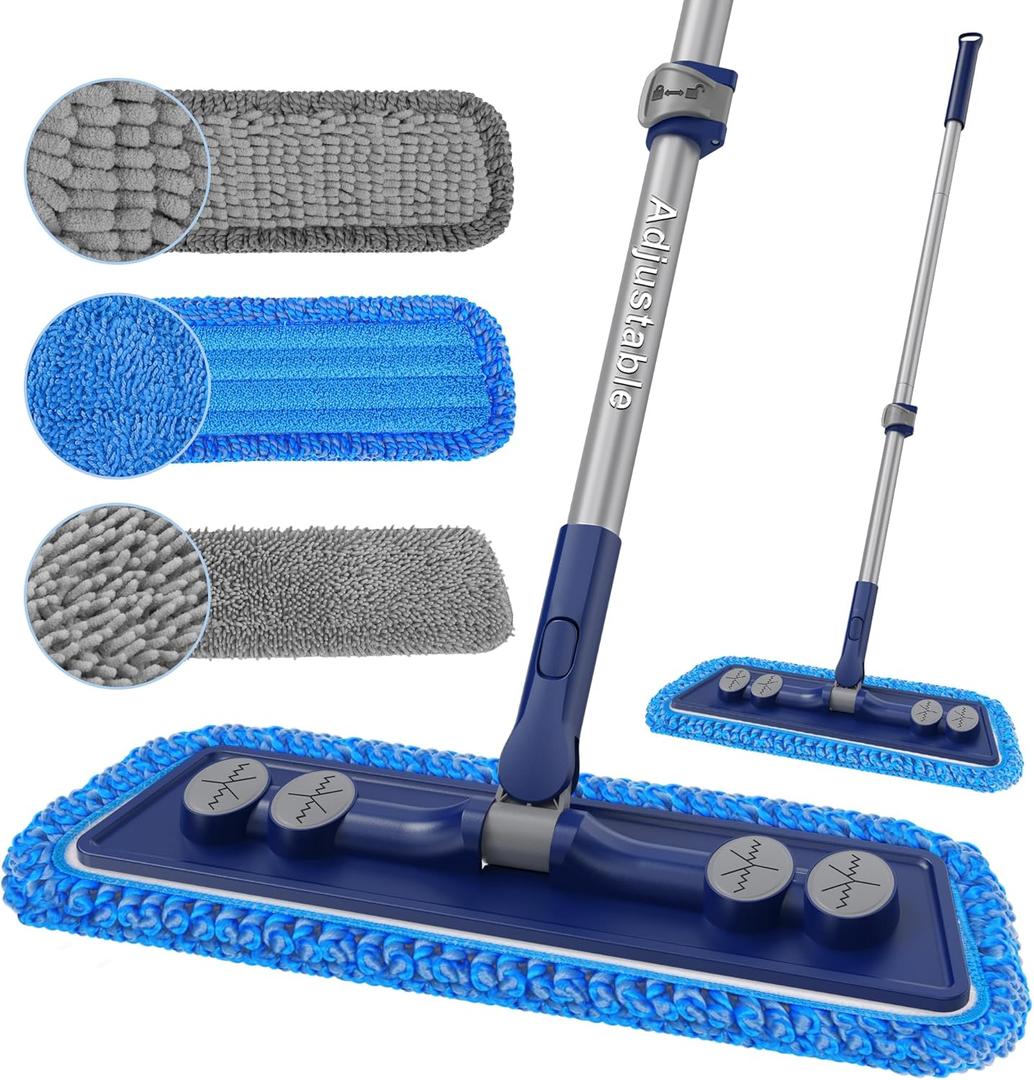 FORSPEEDER Microfiber Mops for Floor Cleaning  Dust Mop for Hardwood Floors with 55” Adjustable Handle 3 Thickened Washable Pads  Wet Dry Mopping for Pet Hairs Walls Tile Wood Laminate Home Kitchen