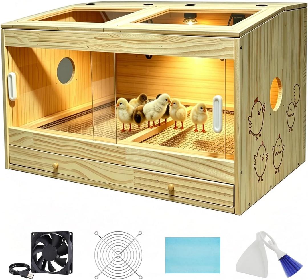 Large Wooden Chicken Brooder Box, Upgraded Drawer Manure Separation, Up to 30 Chicks, All-in-One Brooder with Heating Lamps, Ventilation Fan, Cleaning Tools and Thermometer, 31.5" × 15.7" × 19.6"