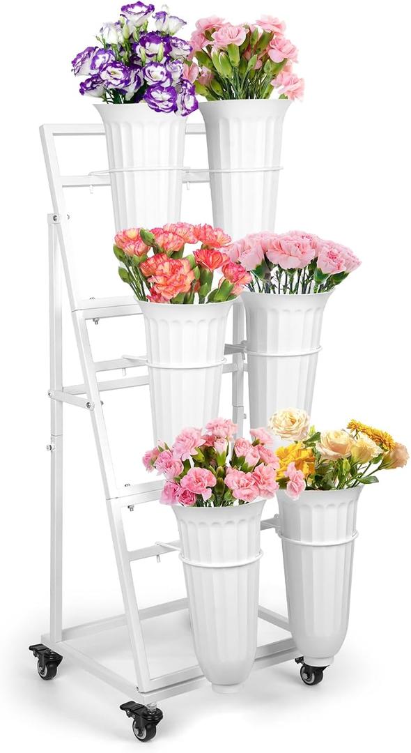 Flower Display Stand With 6 Buckets,Flower Bar with Wheels,Flower Cart Display Stand for Florist Garden Wedding Home Decor (White)