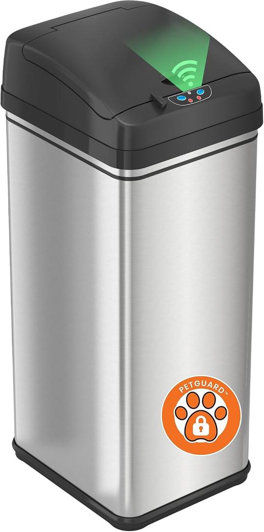 iTouchless 13 Gallon Dog Proof Trash Can with Odor Filter, Motion Sensor Stainless Steel Kitchen Trashcan Garbage Bin for Home Office Bedroom Work Living Room Garage Large Capacity Slim Wastebasket