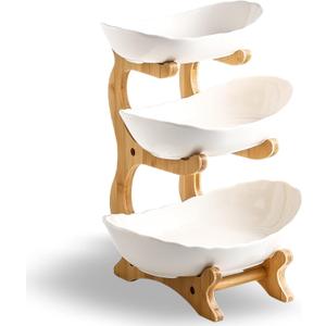 3 Tier Ceramic Fruit Bowl for Kitchen Counter - Decorative Tiered Fruit Basket Holder Stand Organizer for Kitchen Countertop (White) V34