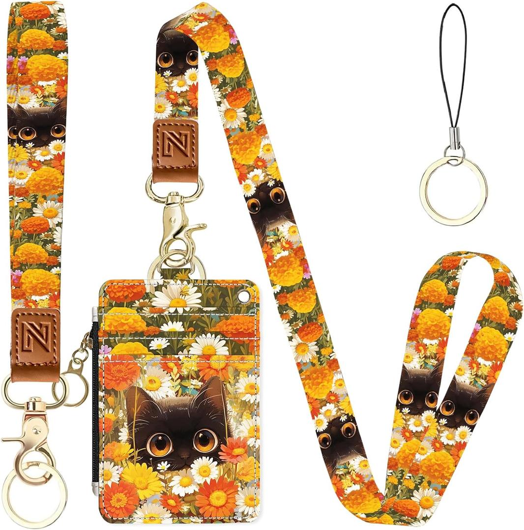 Cute cat Hidden Among The Flowers 2-in-1 ID Badge Holder & Lanyard Wallet for Teachers,Nurse,Professionals-Cute Zippered Coin Pouch,Removable Wristlet & Neck Lanyard,5 Card Slots Stylish Work