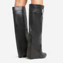 Kluolandi Women's Fold Over Knee High Boots with Metal Padlock Covered Wedge Heel Wide Calf Pull On Boots