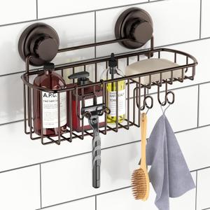 HASKO Shower Caddy Suction Cup with Hooks & Soap holder, Shower Shelf, Bathroom Storage Organizer, Rustproof Shampoo Holder, Bronze (Bronze (1 Pack))