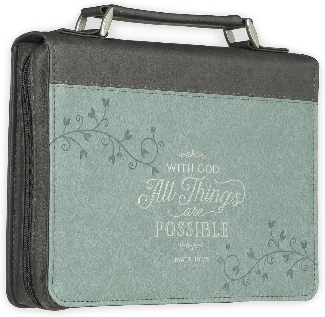 Christian Art Gifts Women's Fashion Bible Cover All Things are Possible Matthew 19:26, Gray and Light Blue Vines Faux Leather, XL