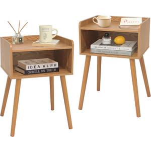 MaxSmeo Nightstands Set of 2, Mid Century Modern Side Table Bedroom with Storage, Small End Bedside Table Set of 2 with Solid Wood Legs for Living Room, Office Small Spaces (Brown)