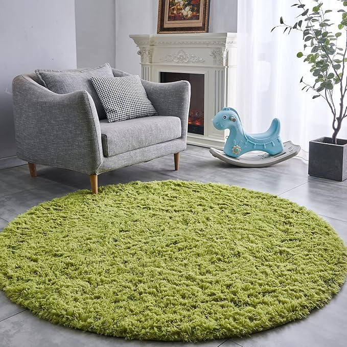 FJZFING Grass Green Round Rug UltraSoft Plush Modern 6x6 Circle Area Rug for Kid's Bedroom, Fluffy Shag Circular Rug for Nursery Room, Cute Grass Green Carpet for Teen's Room