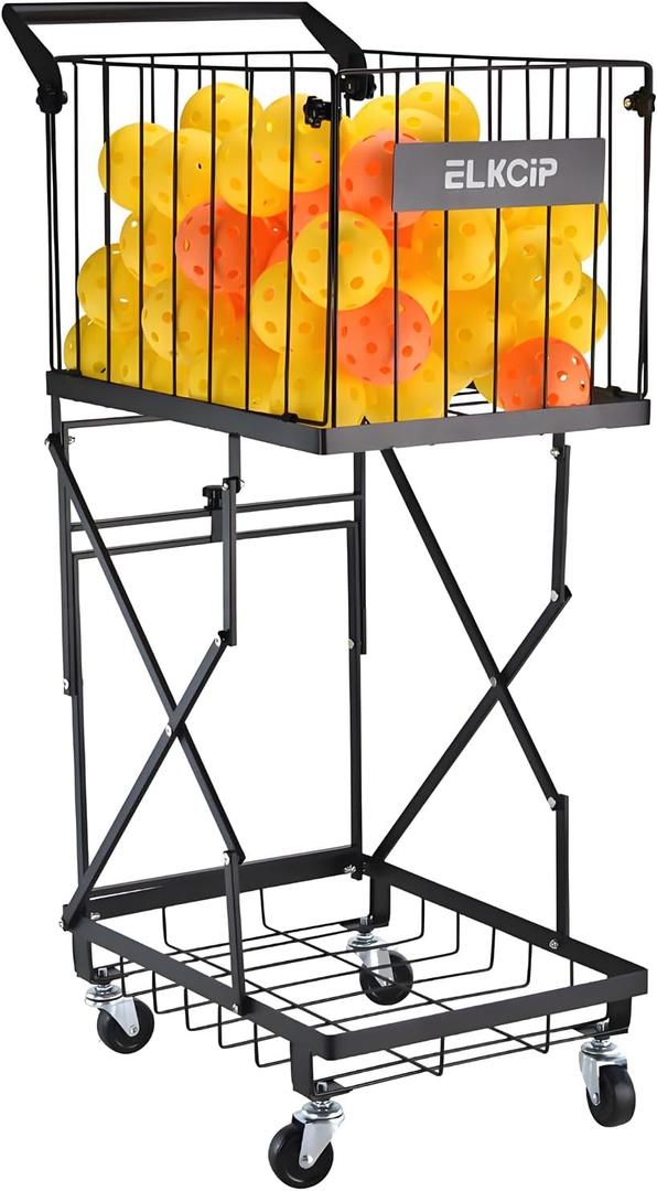 Multi Functional Pickleball & Tennis Ball Hopper with Wheels, 2-Tier Foldable Sports Balls Cart, Lightweight Softball Caddy, Large Capacity Baseball Basket Carrier for Training Teaching