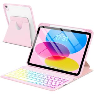 Case with Keyboard for iPad A16 11th 10th Generation 11/10.9 inch,Rainbow Backlit Detachable Keypad Rotatable Magnetic Cover with Pencil Holder for iPad 11 2025 10 Gen 2022 Pink