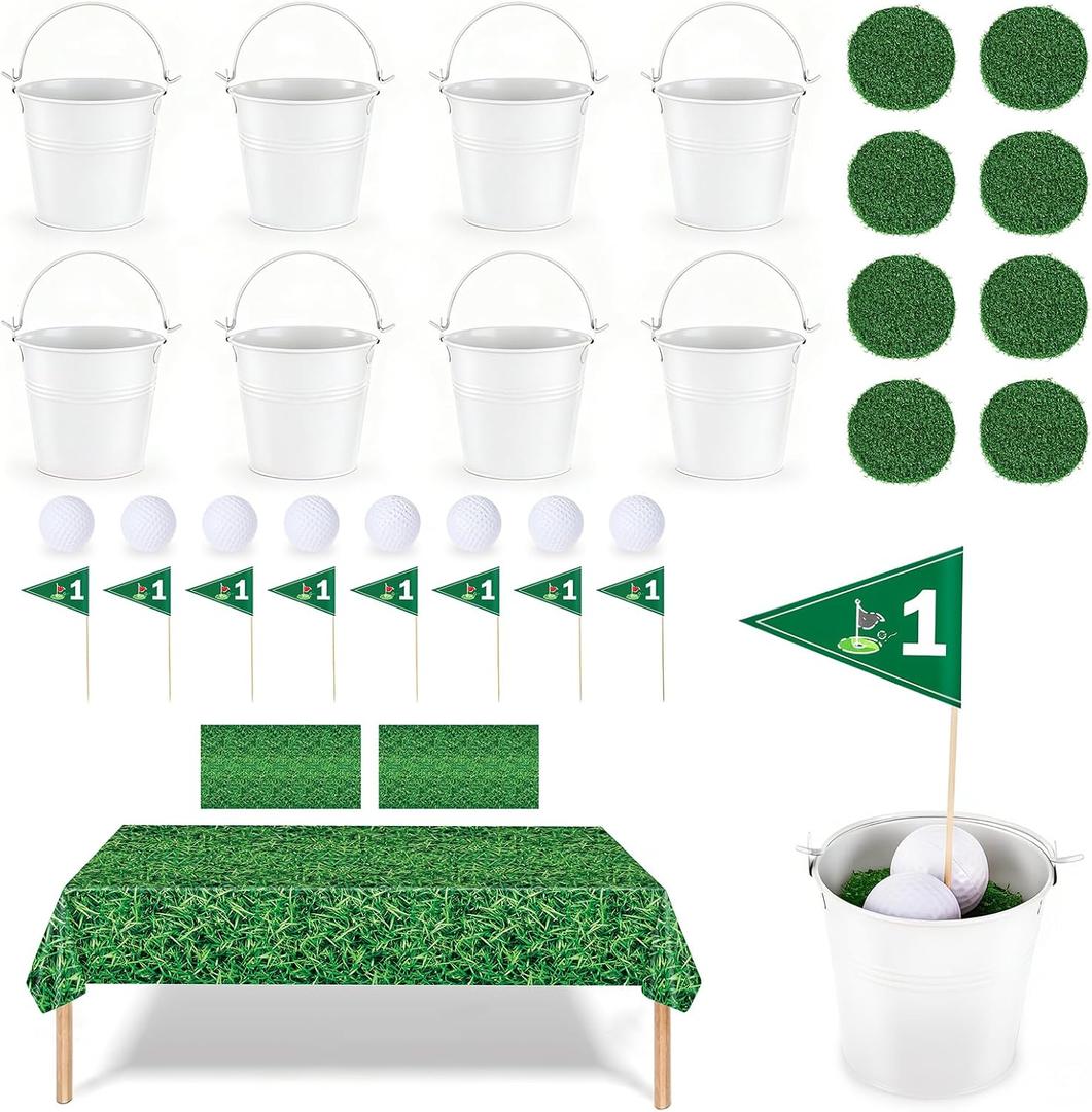 8 Sets Golf Party Centerpieces for Table, Includes 8 Iron Buckets, 8 Golf Balls, 8 Grass Mats, 2 Tablecloths, 8 Flags for Golf Sports Themed Birthday Party Supplies (White)