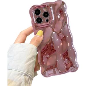XIZYO for iPhone 16 Pro Max Case 6.9 Inch Cute Wave Pattern Aesthetic Phone Case 3D Curly Wavy Shape Plating Glitter Bling for Women Girls Soft Bumper Silicone Shockproof Case, Plated Pink
