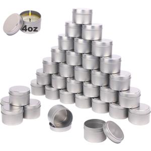 48 Pack 4 oz Sliver Metal Candle Tins with Lids, Round, Matte Finish, for DIY Candle Making and Storage