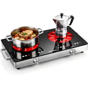2 Burner Electric Cooktop - 24 Inch(22.2"x 13.1") Portable Electric Stove Top 110V, 2000W Countertop Two Burner Stove, Child Lock, Timer, Touch and Knob Control, 110V Plug in