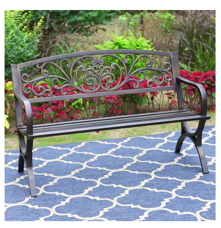 MFSTUDIO 50 Inches Outdoor Garden Bench, Cast Iron Metal Frame Patio Park Bench with Floral Pattern Backrest, Arch Legs for Porch, Lawn, Yard-Bronze
