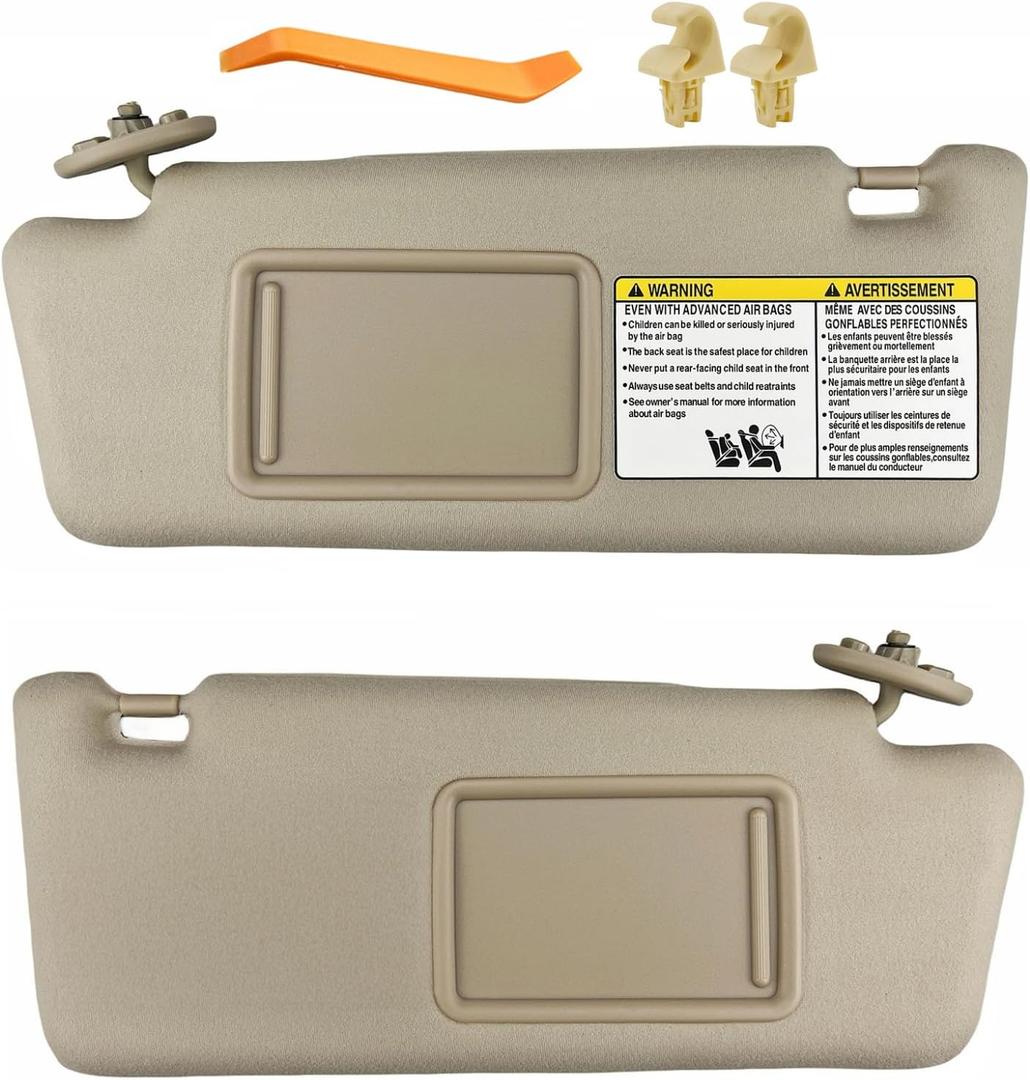 Pair Sun Visor with Clips Compatible with 2005-2015 Toyota Tacoma, Driver & Passenger Side Sunvisor (Beige Color) Slide Extension & Mirror, Non-Illuminated, Replaces 74320-04181-B1 74310-35C00-B0