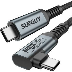 SUNGUY 20Gbps USB C Data Cable 2FT, 100W Right Angle USB C 3.2 Gen 2 Cable, 4K 60Hz USBC to USBC Monitor/Video/Display Output Cord for iPhone 16 15 Pro Max, MacBook, Galaxy S24/S23, External SSD (Grey)